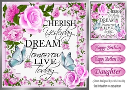 pretty cerise rose and flowers cherish yesterday script with butterflies 8x8