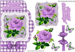 purple roses on a card front topper with check and bow