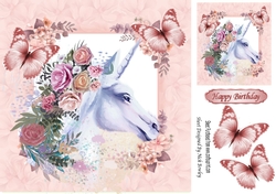 Pretty painted pink/lilac unicorn with roses and pink butterflies 8x8