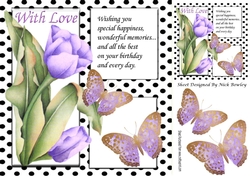 Pretty painted tulips and black polkadot window ,purple butterflies 8x8