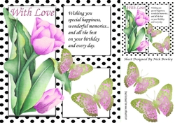Pretty painted tulips and black polkadot window ,pink butterflies 8x8