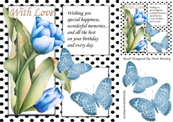 Pretty painted tulips and black polkadot window ,blue butterflies 8x8