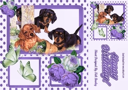 Puppies playing with purple roses & butterflies window card front 8x8