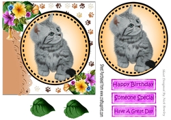 Sweet little grey kitten with pansies card front 7x7 with topper