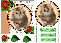 Sweet little fluffy kitten with red peonies card front 7x7 with topper