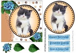 Sweet little black and white kitten with blue roses card front 7x7 with topper