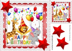Party Animals having fun on a Birthday with red stars 8x8