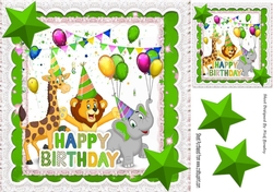 Party Animals having fun on a Birthday with green stars 8x8
