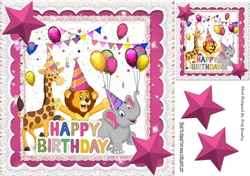Party Animals having fun on a Birthday with pink stars 8x8