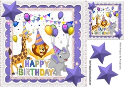 Party Animals having fun on a Birthday with purple stars 8x8