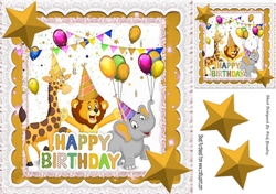 Party Animals having fun on a Birthday with gold stars 8x8