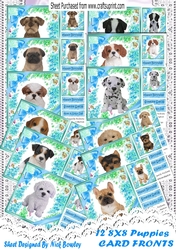A Cute Variety of 12 cute puppies with blue bows 8x8 card fronts Bumper Kit