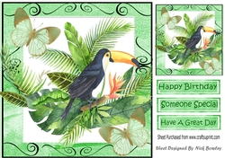 Lovely Toucan on a branch of leaves & butterflies 8x8