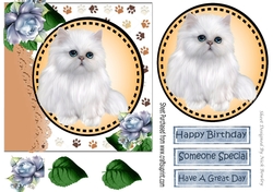 Sweet white persian kitten with blue roses card front 7x7 with topper