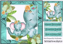 Lovely moment with mum and baby elephants in water colour (turq) 8x8