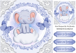 sweet little ele on a cloud with blue butterflies and lace 8x8