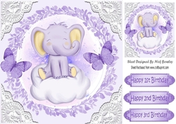 sweet little ele on a cloud with purple butterflies and lace 8x8