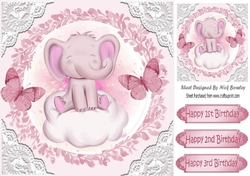 sweet little ele on a cloud with pink butterflies and lace 8x8