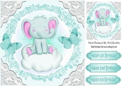 sweet little ele on a cloud with turq butterflies and lace 8x8