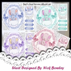 4 sweet little ele on a cloud with butterflies and lace 8x8 Card fronts Mini Kit