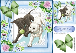 Playful dogs with a ball with flowers 8x8