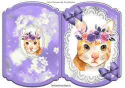 Pretty water colour cat with flowers on lace purple bracket card