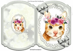 Pretty water colour cat with flowers on lace silver bracket card
