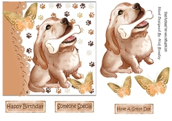 Cute painted dog with his bone and  butterflies 7x7 (brown)