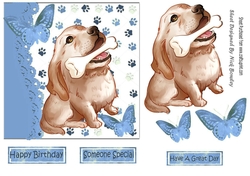 Cute painted dog with his bone and butterflies 7x7 (blue)