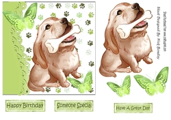 Cute painted dog with his bone and butterflies 7x7 (green)