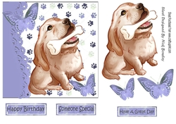 Cute painted dog with his bone and butterflies 7x7 (purple)