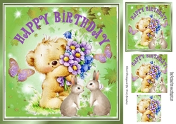 Cute little teddy with bunnies butterflies, and purple flowers 8x8