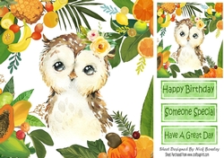 Lovely Tropical Fruit Frame with a cute owl 8x8 card front
