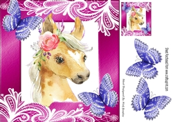 Pretty water colour Horse in pink frame with swirls and butterflies 8x8