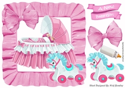 Basinette with baby girl in pink frill frame with bows 8x8
