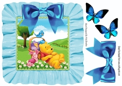 Snoozy bear and friends in frill frame 8x8 with blue bow