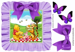 Picnic time with bear and friends in frill frame 8x8 with purple bow