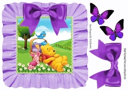 Snoozy bear and friends in frill frame 8x8 with purple bow