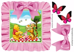 Picnic time with bear and friends in frill frame 8x8 with pink bow