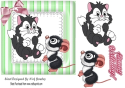 Cute cat & mouse in striped green frame with lace and bow 7x7