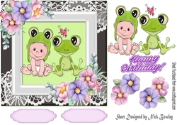 Cute baby and frog with flowers in ornate frame 7x7