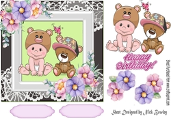 Cute baby and teddy bear with flowers in ornate frame 7x7