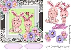Cute baby and bunny with flowers in ornate frame 8x8