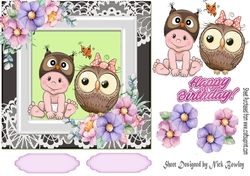 Cute baby and little owl with flowers in ornate frame 8x8