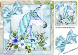 Pretty princess unicorn in turq with flowers and in rainbow 8x8 frame