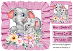 Cute mum and cute baby elephant wih flowers in frill frame 8x8