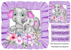 Cute mum and cute baby elephant with flowers in purple frill frame 8x8