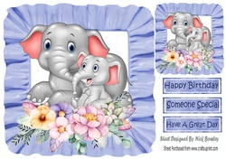 Cute mum and cute baby elephant with flowers in blue frill frame 8x8