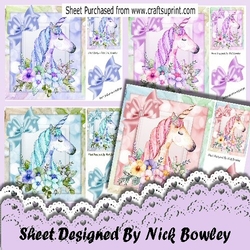 4 Lovely Coloured princess unicorns with flowers 8x8  card fronts Mini Kit