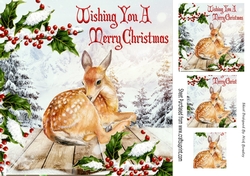 sleeping deer with holly and berries with snow 8x8